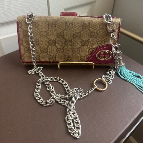 Gucci Brown Tan Canvas and Leather Wallet Crossbody Silver Chain Pink Interior - Picture 2 of 11
